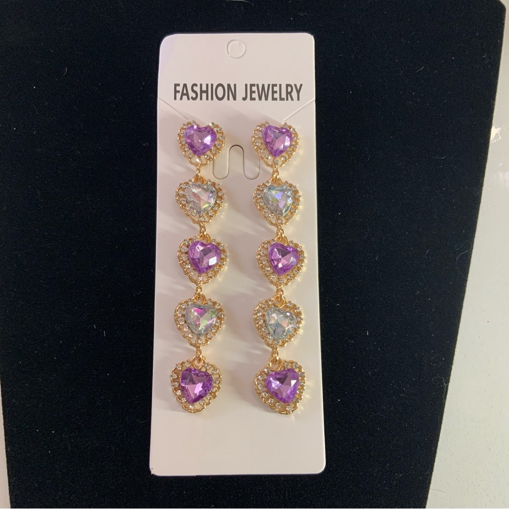 Stunning Lilac Purple and AB Heart Crystal Dangle Earrings